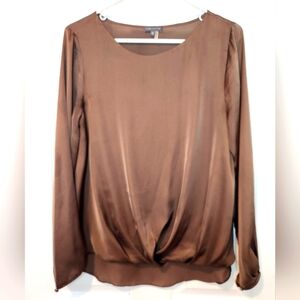 Vince Camuto Satin Twist‎ Front Blouse Brown Bronze Long Sleeve Women's M